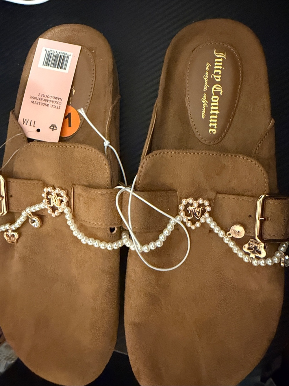 Juicy Couture Brown Suede Pearl-Trim Slide Mules
